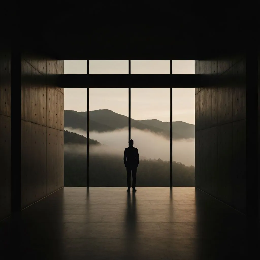 A man standing in contemplation before vast mountains